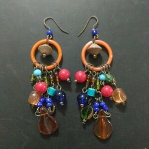 Brass Tone Orange Hoop Multi Color Beaded Dangle Statement Earrings